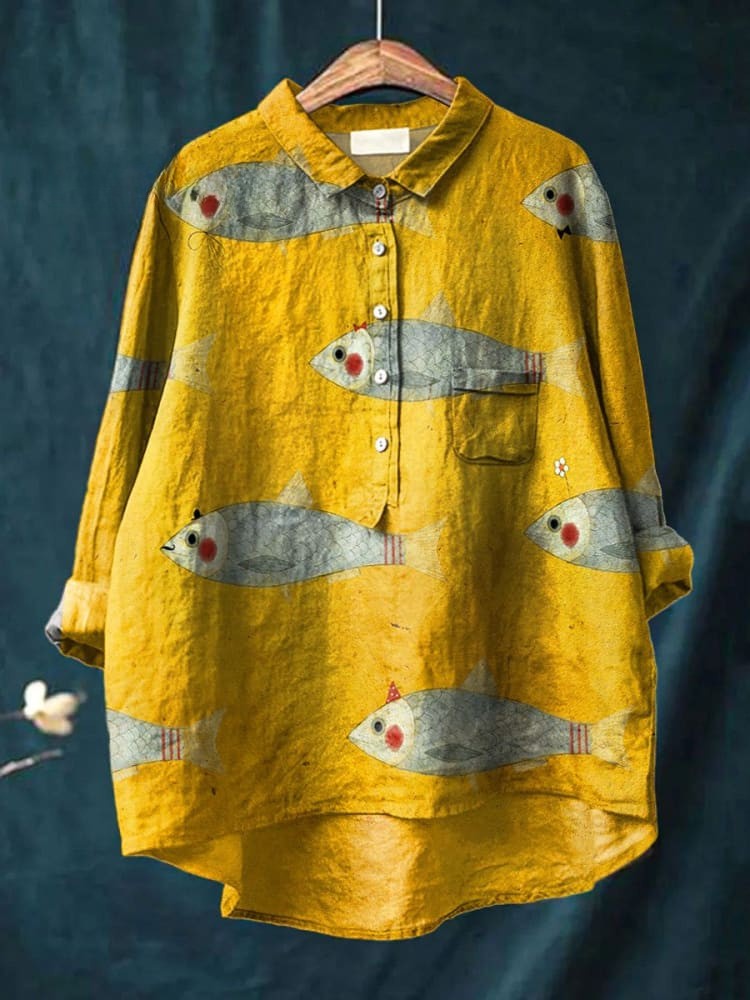 Women's Vintage Fish Art Print Casual  Shirt